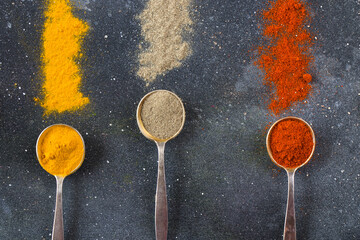 variation of spices on the vintage silver spoons, all spices on the table