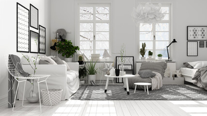 Scandinavian open space in white tones, living room with sofa and decors, coffee tables, armchair, pillows, carpet, decors and potted plants, parquet floor, modern interior design