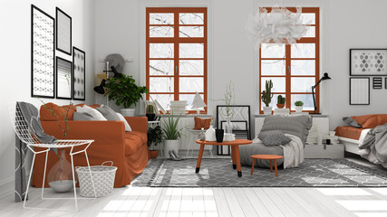 Scandinavian open space in white and orange tones, living room with sofa, coffee tables, armchair, pillows, carpet, decors and potted plants, parquet floor, modern interior design