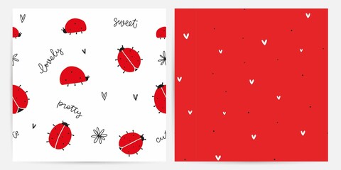 Cute ladybug vector seamless background set with lettering, flower and heart vector images. Red insect with black dots repeat pattern for girls pajama or gift wrapping.