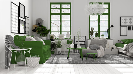 Scandinavian open space in white and green tones, living room with sofa, coffee tables, armchair, pillows, carpet, decors and potted plants, parquet floor, modern interior design