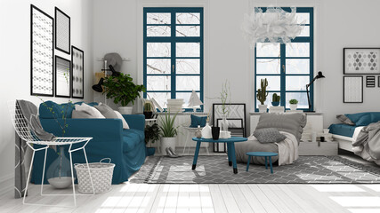Fototapeta na wymiar Scandinavian open space in white and blue tones, living room with sofa, coffee tables, armchair, pillows, carpet, decors and potted plants, parquet floor, modern interior design