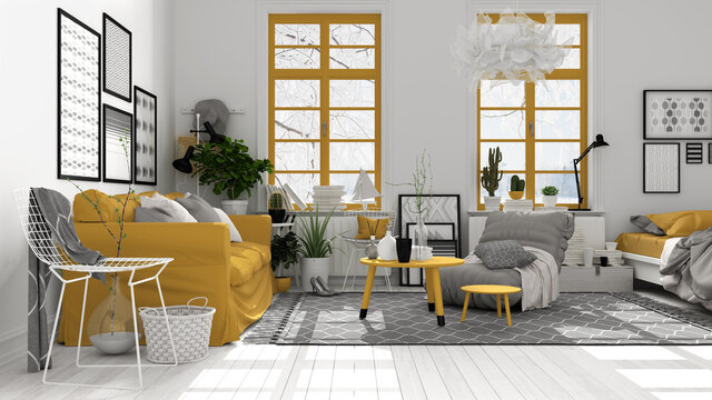 Scandinavian open space in white and yellow tones, living room with sofa, coffee tables, armchair, pillows, carpet, decors and potted plants, parquet floor, modern interior design