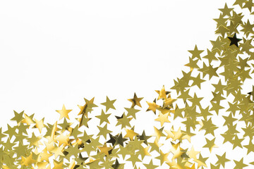 Christmas corner with gold star confetti. Holiday background for New Year on white