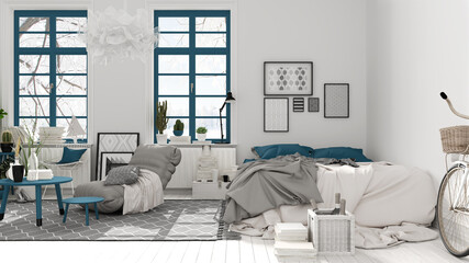 Scandinavian open space in white and blue tones, bedroom with bed and decors, coffee tables, armchair, pillows, carpet, decors and plants, parquet floor, modern interior design