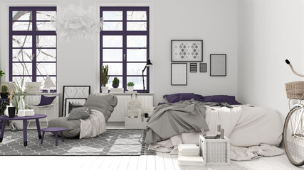 Scandinavian open space in white and purple tones, bedroom with bed and decors, coffee tables, armchair, pillows, carpet, decors and plants, parquet floor, modern interior design