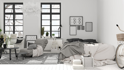 Scandinavian open space in white and gray tones, bedroom with bed and decors, coffee tables, armchair, pillows, carpet, decors and plants, parquet floor, modern interior design