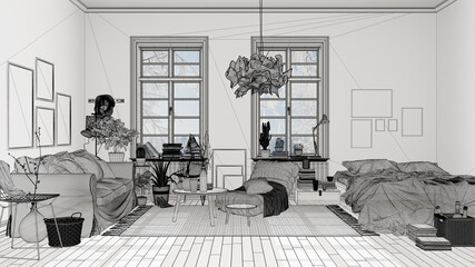 Empty white interior with white walls and parquet wooden floor, custom architecture design project, black ink sketch, blueprint showing scandinavian living room with bed, architecture
