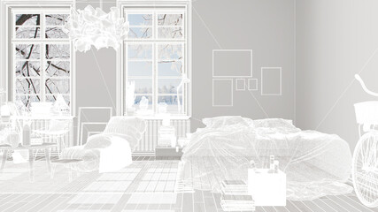 Empty white interior with white walls and parquet wooden floor, custom architecture design project, white ink sketch, blueprint showing scandinavian bedroom with bed, architecture