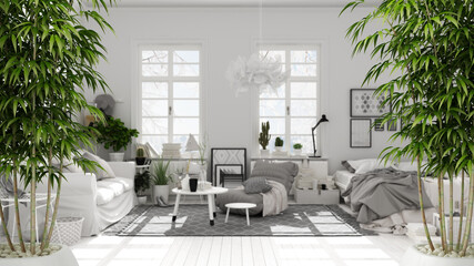Zen interior with potted bamboo plant, natural interior design concept, country living room with double bed, parquet, sofa, and windows. Contemporary interior design