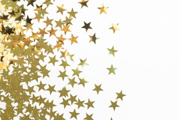 Christmas border with gold star confetti. Holiday background for New Year on white
