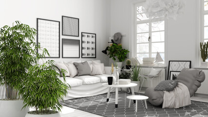 Zen interior with potted bamboo plant, natural interior design concept, country living room with carpet and coffee tables, parquet, sofa, and windows. Contemporary interior design