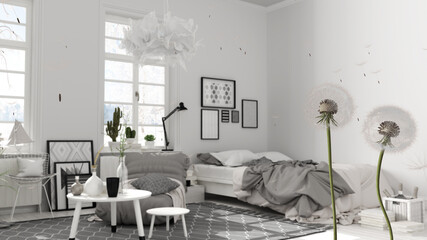 Fluffy airy dandelion with blowing seeds spores over scandinavian bedroom with double bed, armchair and decors. Interior design idea. Change, growth, movement and freedom concept