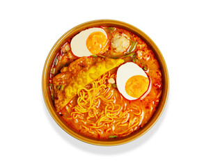 Noodle in bowl with vegetables and pork balls Isolated on white background