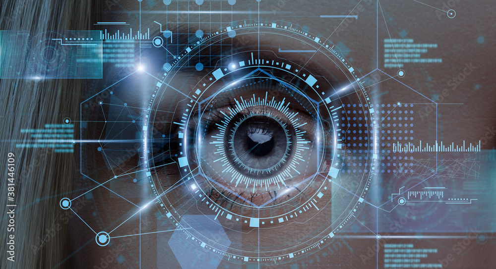 Poster iris scanning system. collage with female eye retina in process of scan