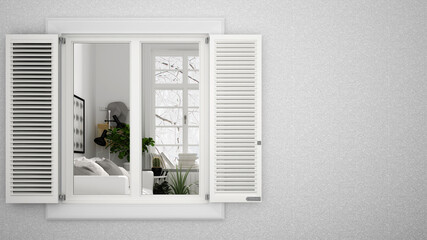 Exterior plaster wall with white window with shutters, showing interior living room with sofa, blank background with copy space, architecture design concept idea, mockup template