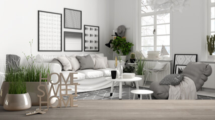 Wooden table, desk or shelf with potted grass plant, house keys and 3D letters home sweet home, over scandinavian living room, architecture interior design, copy space background