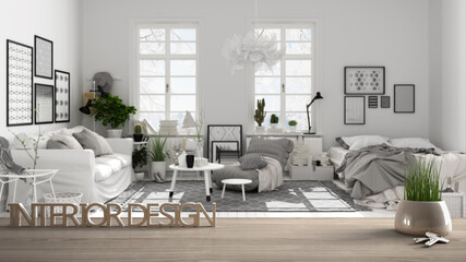 Wooden table, desk or shelf with potted grass plant, house keys and 3D letters making the words interior design, over scandinavian living room, project concept copy space background