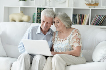 Happy senior couple with laptop at home