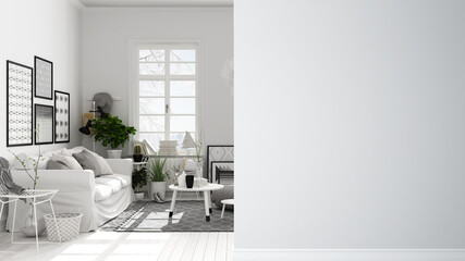 Scandinavian modern white and black living room with sofa and coffee tables on a foreground wall, interior design architecture idea, concept with copy space, blank background