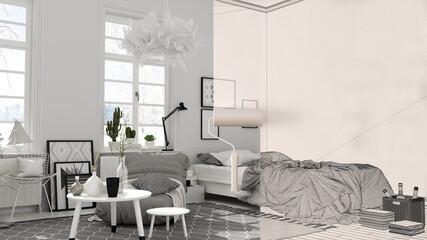 Paint roller painting interior design blueprint sketch background while the space becomes real showing scandinavian bedroom. Before and after concept, architect designer creative