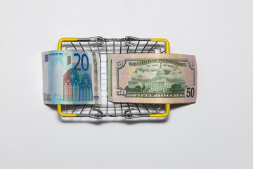 Dollar and euro bills in a basket for buyers on a white background. Top view.