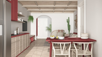 Scandinavian ethnic living and dining room, red and wooden kitchen. Sofa and coffee table, table with chairs, carpet and pendant lamps. Modern interior design concept idea