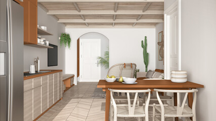 Scandinavian ethnic living and dining room, orange and wooden kitchen. Sofa and coffee table, table with chairs, carpet and pendant lamps. Modern interior design concept idea