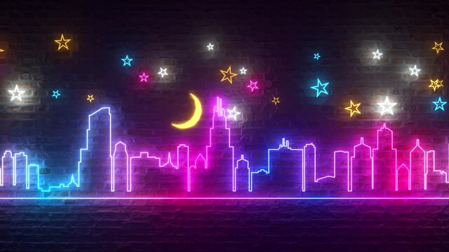 Shimmering neon night city against a brick wall with stars and the moon. Night city concept. Seamless loop 3d render