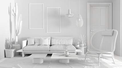 Total white project of scandinavian ethnic living room. Sofa and coffee tables, wooden armchair with pillows, carpet and pendant lamps. Succulents. Modern interior design concept idea