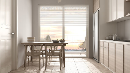 Scandinavian ethnic kitchen and dining room in white and wooden tones. Big panoramic window on sunset or sunrise panorama, table with chairs. Modern interior design concept idea