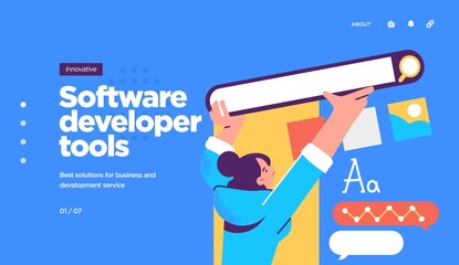 Landing page template of developing computer software, coding and programming . Modern flat design concept of web page design for website. Vector illustration