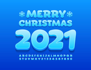 Vector card Marry Christmas 2020 with snowflakes. Modern blue Font. 3D trendy Alphabet Letters and Numbers set