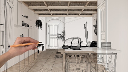 Empty white interior with with herringbone parquet floor, white walls, hand drawing custom architecture design, black ink sketch, blueprint showing modern kitchen design