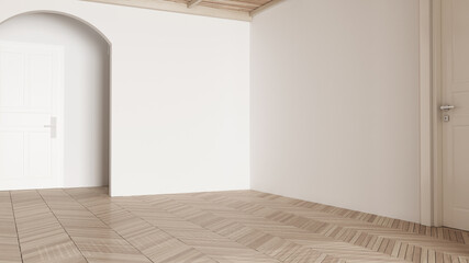 Empty room interior design, open space with white walls and parquet wooden floor and roof, modern contemporary architecture, morning light, mock-up with copy space