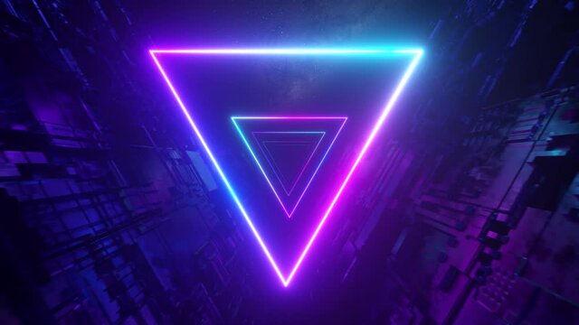 Sci-fi tunnel with neon triangles. An endless flight forward to the stars and the milky way. Modern neon lighting. Seamless loop 3d render