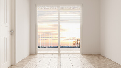 Fototapeta na wymiar Empty room interior design, open space with white walls and parquet wooden floor, panoramic window, modern contemporary architecture, morning light, mock-up with copy space