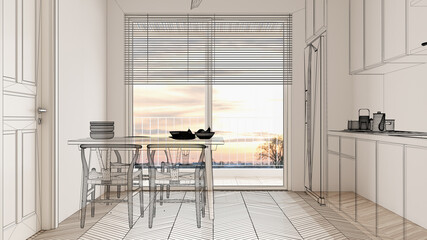 Empty white interior with parquet floor and big panoramic window, custom architecture design project, black ink sketch, blueprint showing kitchen, dining, living room, interior design