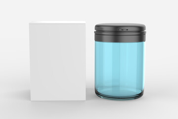 glossy jar with lid for sport powder - protein, vitamins, bcaa, tablets. Photo-realistic packaging mockup template. 3d illustration