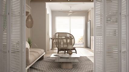 White folding door opening on ethnic scandinavian kitchen and dining room, sofa, carpet, potted plants and decors, interior design, architect designer concept, blur background