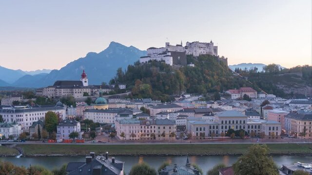 Day to night Time-lapse of Salzburg Historic town center, Austria