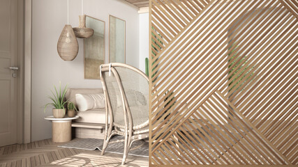 Wooden panel close-up, scandinavian ethnic living room in wooden and white tones, sofa, armchair, carpet. Zen interior design concept idea, contemporary architecture template