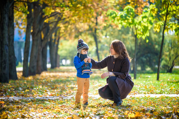 Mother and baby play in autumn park. Parent and child walk in the forest on a sunny fall day. Children playing outdoors with yellow maple leaf. Toddler boy play with golden leaves. Mom hugging kid