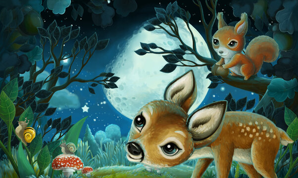 cartoon image with forest animals by night squirrel fox owl deer - illustration