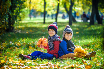 Happy children playing in beautiful autumn park on warm sunny fall day. Kids play with golden maple...