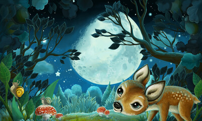 cartoon image with forest by night - illustration for kids