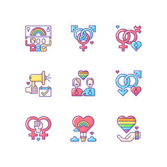 Pride life RGB color icons set Gay and lesbian lifestyle signs. Bisexual culture. Rainbow flag. Isolated vector illustrations