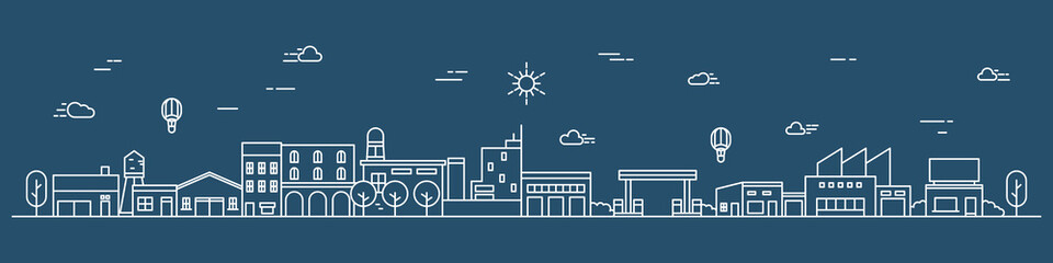 Urban landscape with a thin line style. Cityscape flat line design. Vector illustration.