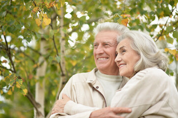 Beautiful senior couple hugging in the park