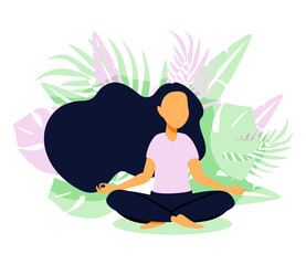 Fototapeta na wymiar Mindfulness, meditation and yoga background in pastel vintage colors with women sit with crossed legs and meditate. 